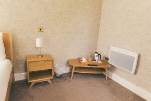 corner of hotel room with kettle and hot drink supplies