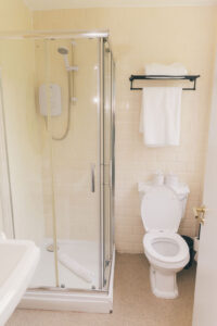 bathroom with standing shower and toilet